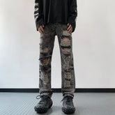 Threebooy Y2K Streetwear Vintage Black Ripped Stacked Jeans Pants For Men Clothes Old Straight Hip Hop Trousers Pantalon Homme